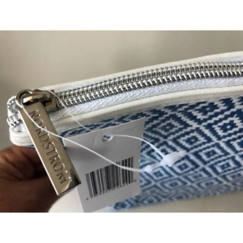 Nordstrom Blue and White Diamond Pattern Wovem Cosmetic Case, NIB